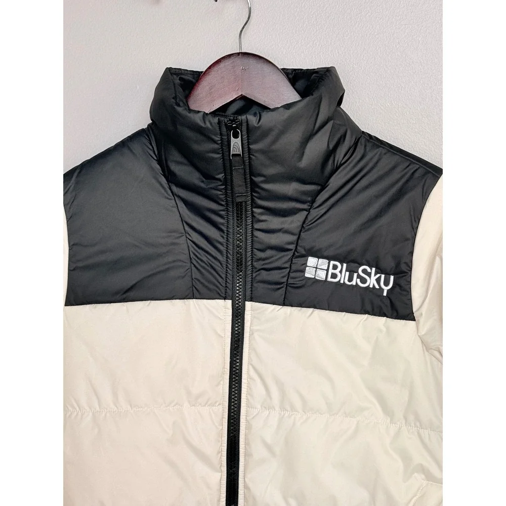 The North Face White Black‎ Puffer Jacket Womens Small BluSky Logo Full Zip Coat
